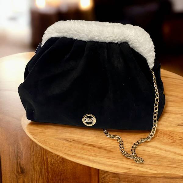 Τσαντάκι χιαστί με έλασμα και χρυσή αλυσίδα μαύρο suede/γούνα-TS-