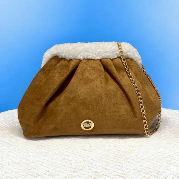 Τσαντάκι χιαστί με έλασμα και χρυσή αλυσίδα,Ταμπά suede/γούνα-TS-1208