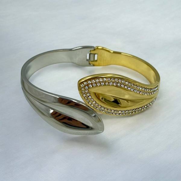 Βραχιόλι Χειροπέδα από ανοξείδωτο ατσάλι με ζιργκον δίχρωμο χρυσό/ασημί-BR-472