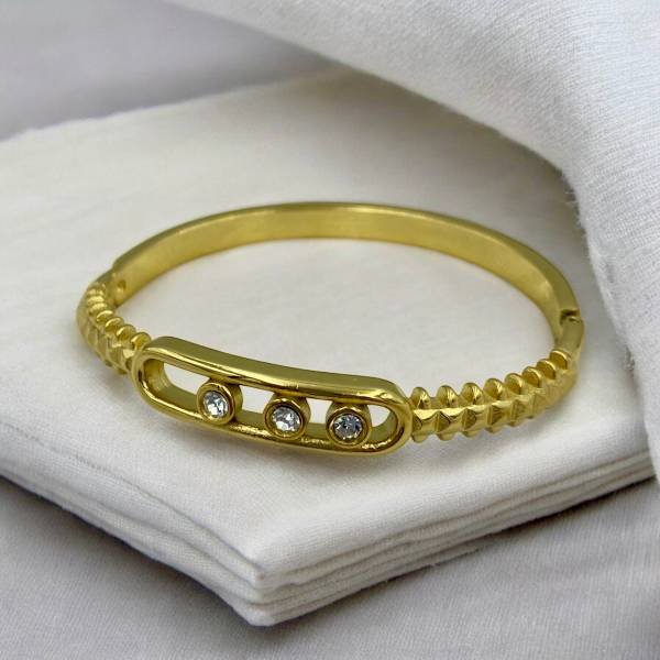 Βραχιόλι Χειροπέδα από ανοξείδωτο ατσάλι με ζιργκον χρώμα χρυσό-BR-