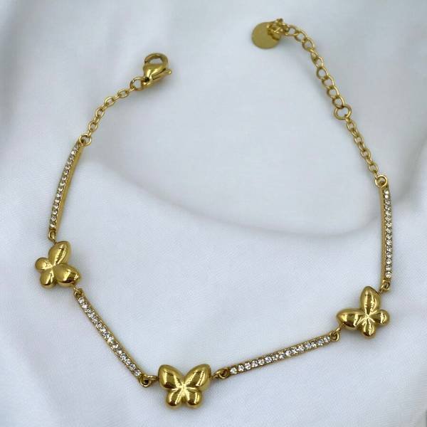 Βραχιόλι πεταλούδες από ανοξείδωτο ατσάλι με ζιργκον χρώμα χρυσό-BR-