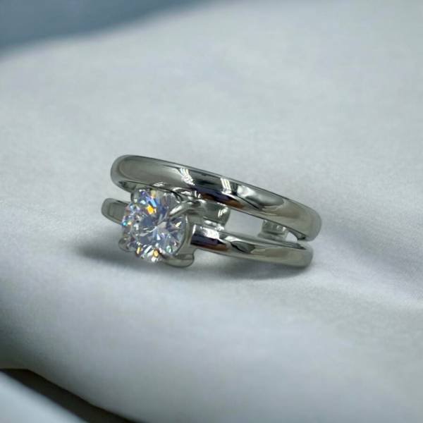 Δαχτυλίδι μονόπετρο διπλό από ανοξείδωτο ατσάλι χρώμα ασημί-D-311