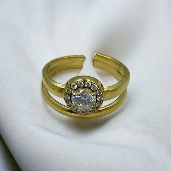 Δαχτυλίδι μονόπετρο διπλό με στρας από ανοξείδωτο ατσάλι χρώμα χρυσό-D-