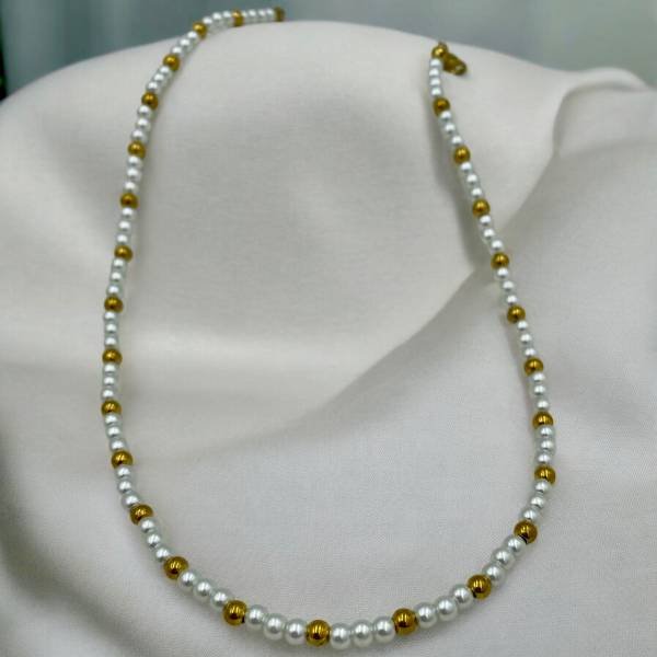 Χειροποίητο ατσάλινο κολιέ, με πέρλες και χρυσές λεπτομέρειες-Κ-