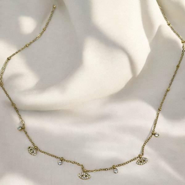 Ατσάλινο κολιέ με στρας και κρεμαστά ματάκια χρώμα χρυσό-Κ-735