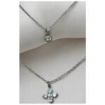 Ατσάλινο διπλό κολιέ λουλουδάκι με στρας χρώμα ασημί-Κ-736 - Image 2