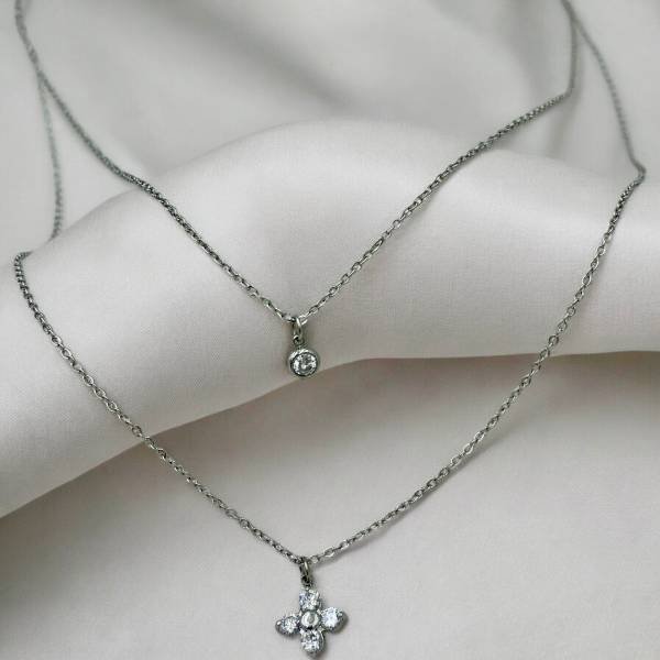 Ατσάλινο διπλό κολιέ λουλουδάκι με στρας χρώμα ασημί-Κ-736