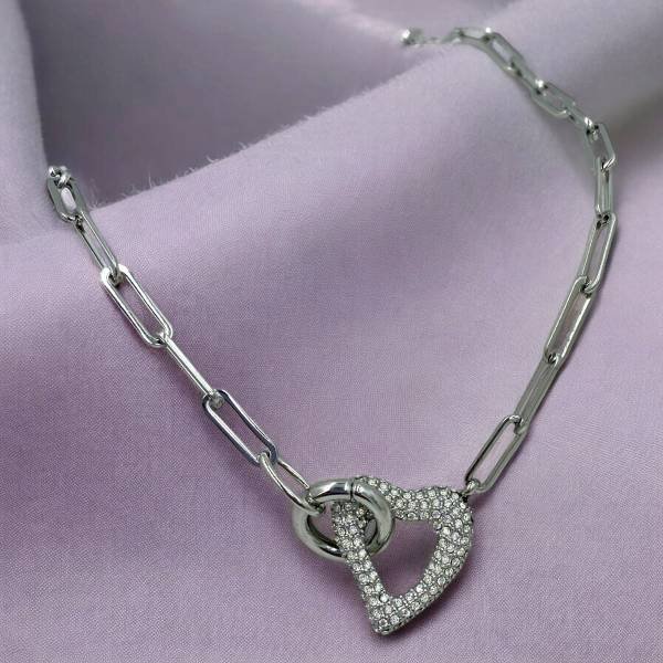 Κολιέ από ανοξείδωτο ατσάλι καρδιά με ζιργκον χρώμα ασημί-K-