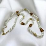 Μακρύ Κολιέ ατσάλινο με πέρλες καφέ πέτρες και χρυσές-Κ-739 - Image 2