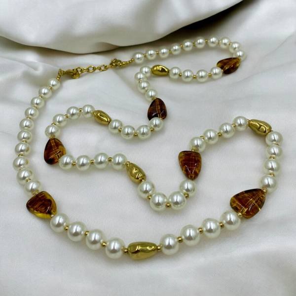 Μακρύ Κολιέ ατσάλινο με πέρλες καφέ πέτρες και χρυσές-Κ-