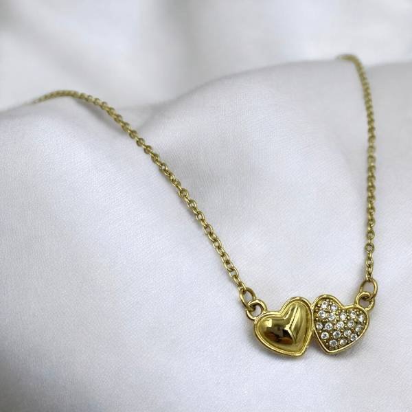 Κολιέ ατσάλινο με 2 καρδιές και στρας χρώμα χρυσό-K-744