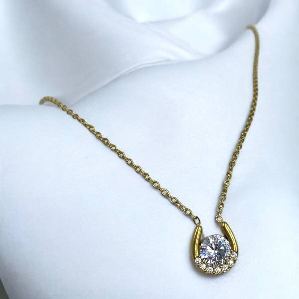 Κολιέ ατσάλινο με στρας και διαφανή πέτρα χρώμα χρυσό-K-