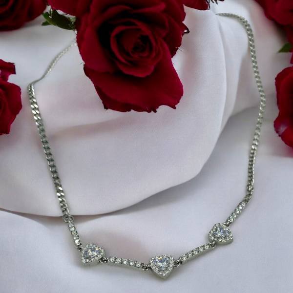 Εντυπωσιακό Κολιέ ατσάλινο καρδιές με στρας χρώμα ασημί-K-747