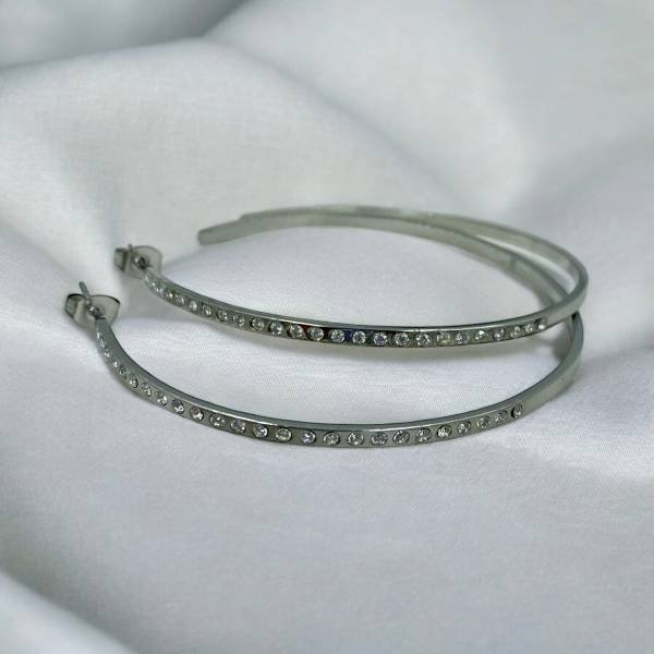 Σκουλαρίκια κρίκος μεγάλος από ανοξείδωτο ατσάλι με στρας -ασημί-SK-716