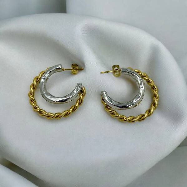 Σκουλαρίκια κρίκος από ανοξείδωτο ατσάλι δίχρωμος ασημί/χρυσό-SK-