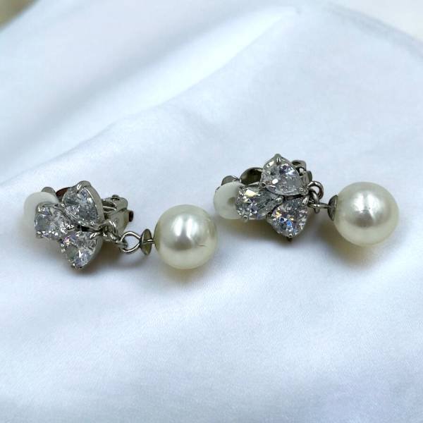 Σκουλαρίκια ατσάλινα ΚΛΙΠ με πέρλα και διαφανή πέτρες-ασημί-SK-