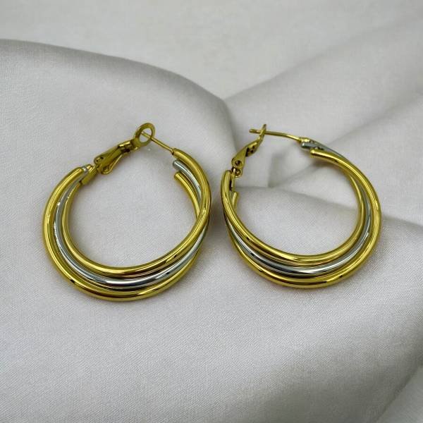 Σκουλαρίκια κρίκος ατσάλινος τριπλός δίχρωμος ασημί/χρυσό-SK-725