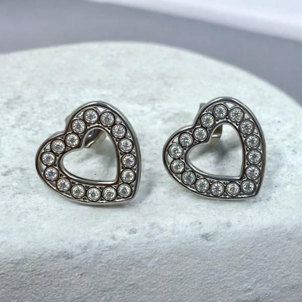Σκουλαρίκια καρδιές με στρας από ανοξείδωτο ατσάλι- ασημί-SK-