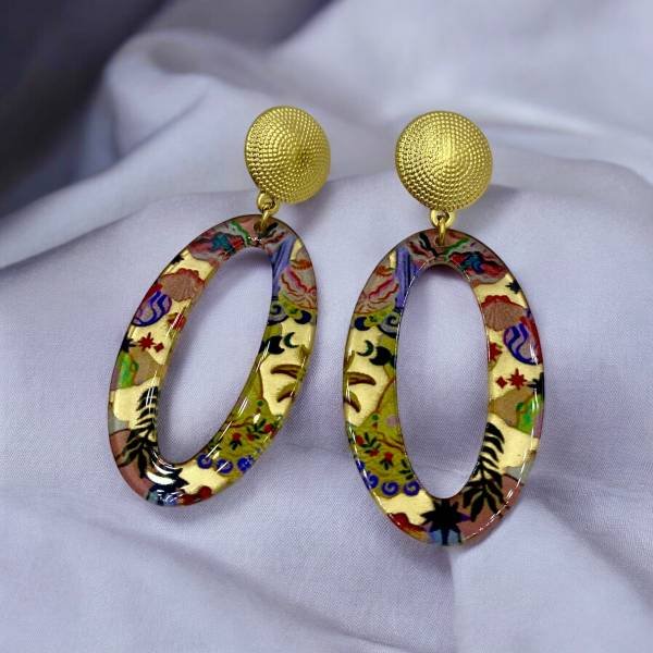 Σκουλαρίκια Κρεμαστά Ατσάλι-Ρητίνη με Χρωματιστό Μοτίβο-SK-