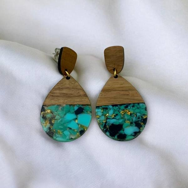 Σκουλαρίκια Κρεμαστά Ατσάλι-Ξύλο με Χρωματιστό Μοτίβο-SK-