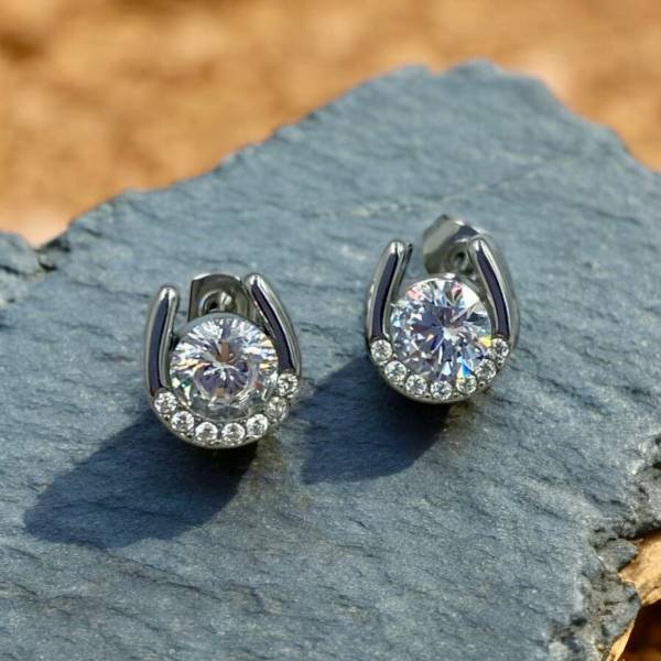 Σκουλαρίκια καρφωτά ατσλαλινα πέταλο με διαφανή πέτρες ασημί-SK-740