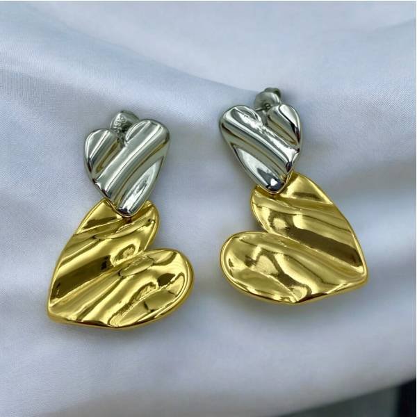 Σκουλαρίκια ατσάλινα κρεμαστή καρδιά δίχρωμα ασημί/χρυσό-SK-