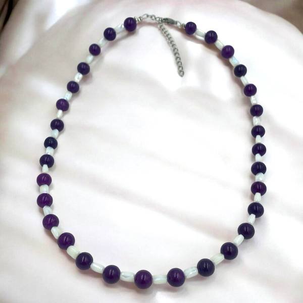 Χειροποίητο ατσάλινο κολιέ με πέτρες Νεφρίτης Μωβ και κρύσταλλα-K-