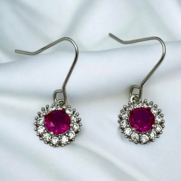 Σκουλαρίκια ατσάλινα με στρας και πέτρα φούξια χρώμα ασημί-SK-